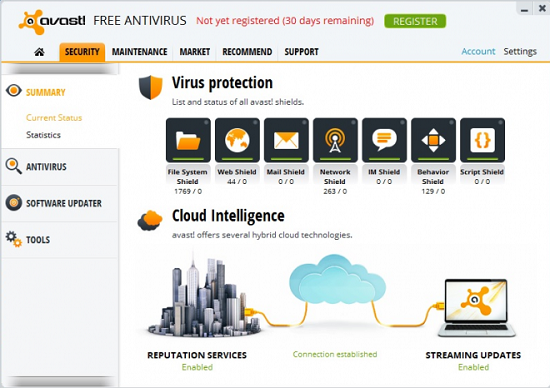 Avast! Free Antivirus 8 Interface